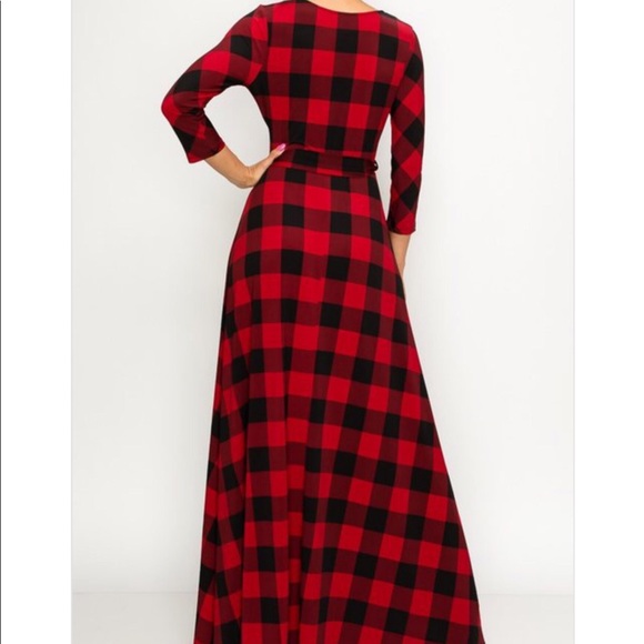 New Gingham print v-neck A-line Maxi dress - Picture 3 of 8